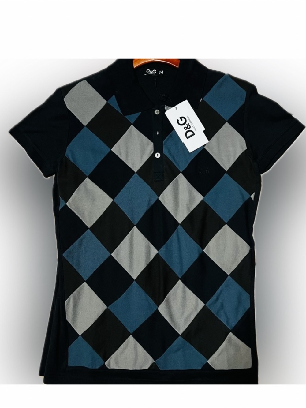 Dolce & Gabbana Black Polo with Blue and Gray Argyle
